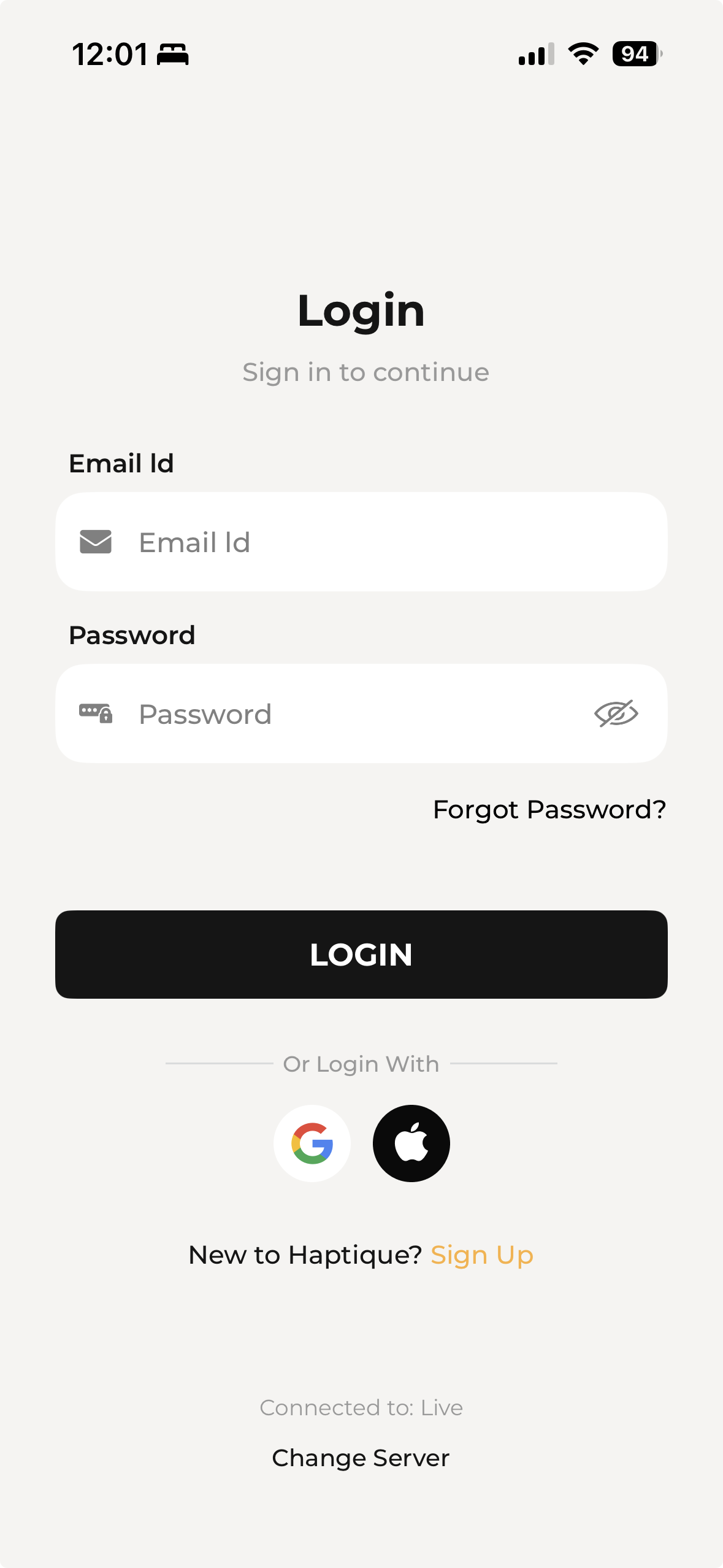 Config App login screen with Change Server option